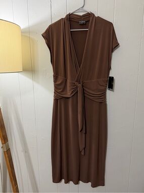 BCBG Paris Brown Ruched Tie Front Midi Dress – XL